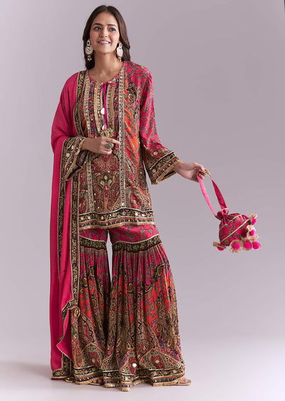 Pink Crepe Printed Sharara Suit With Gota Detail And Potli
