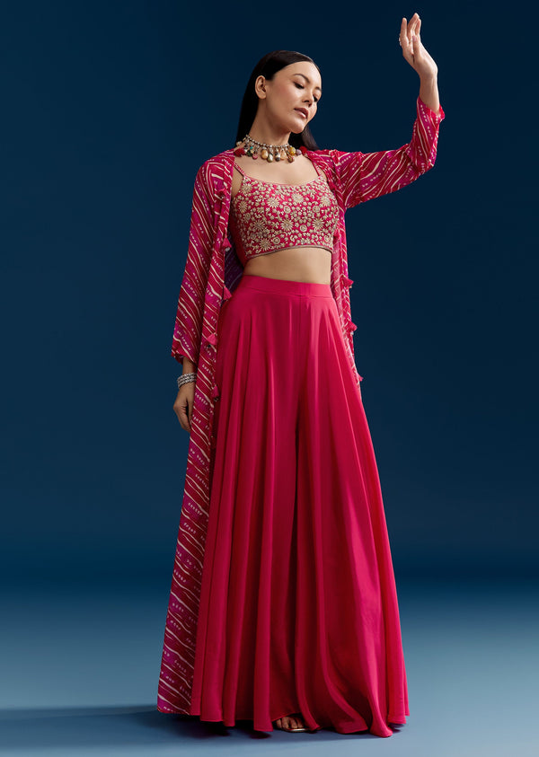 Pink Crop Top Palazzo Set With Zardosi Jacket