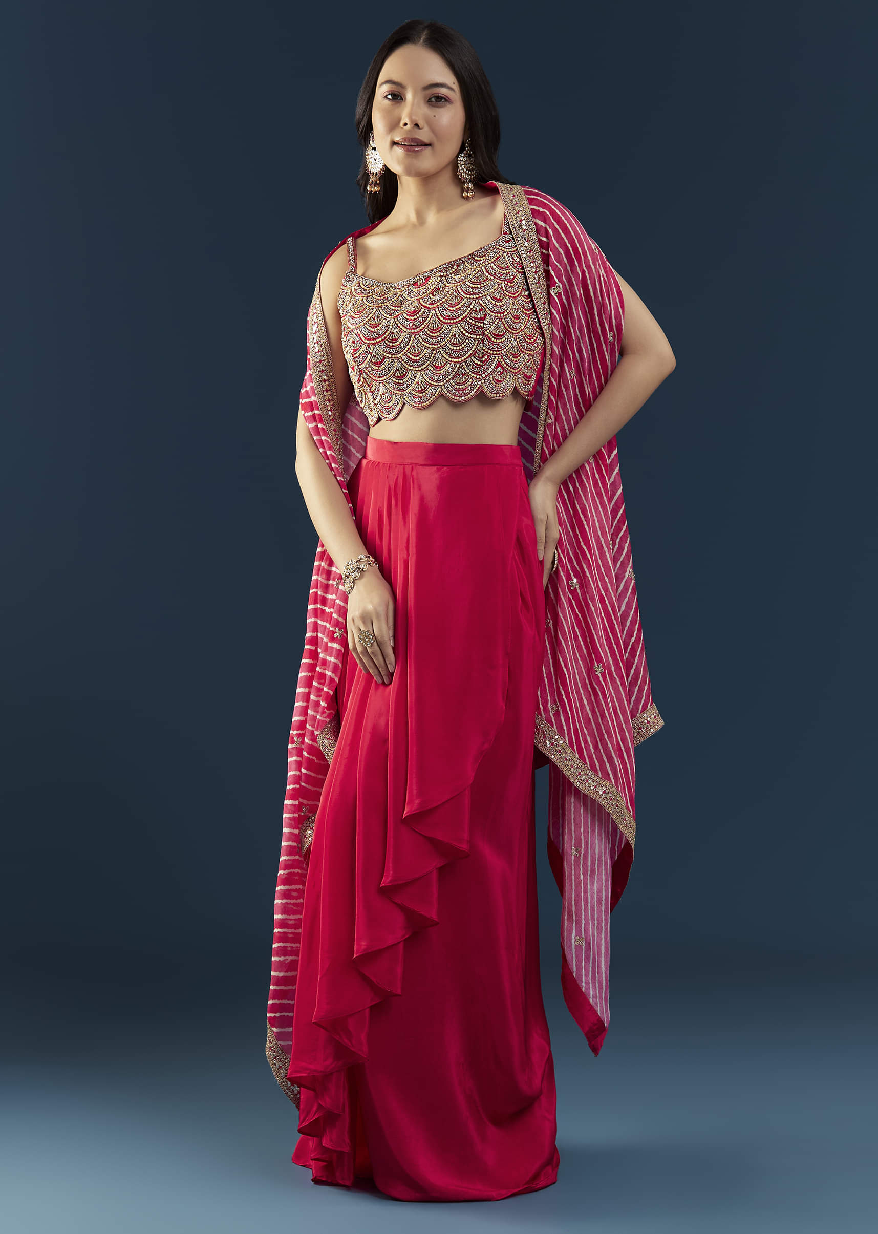 Pink Crop Top Skirt Set with Leheriya Cape