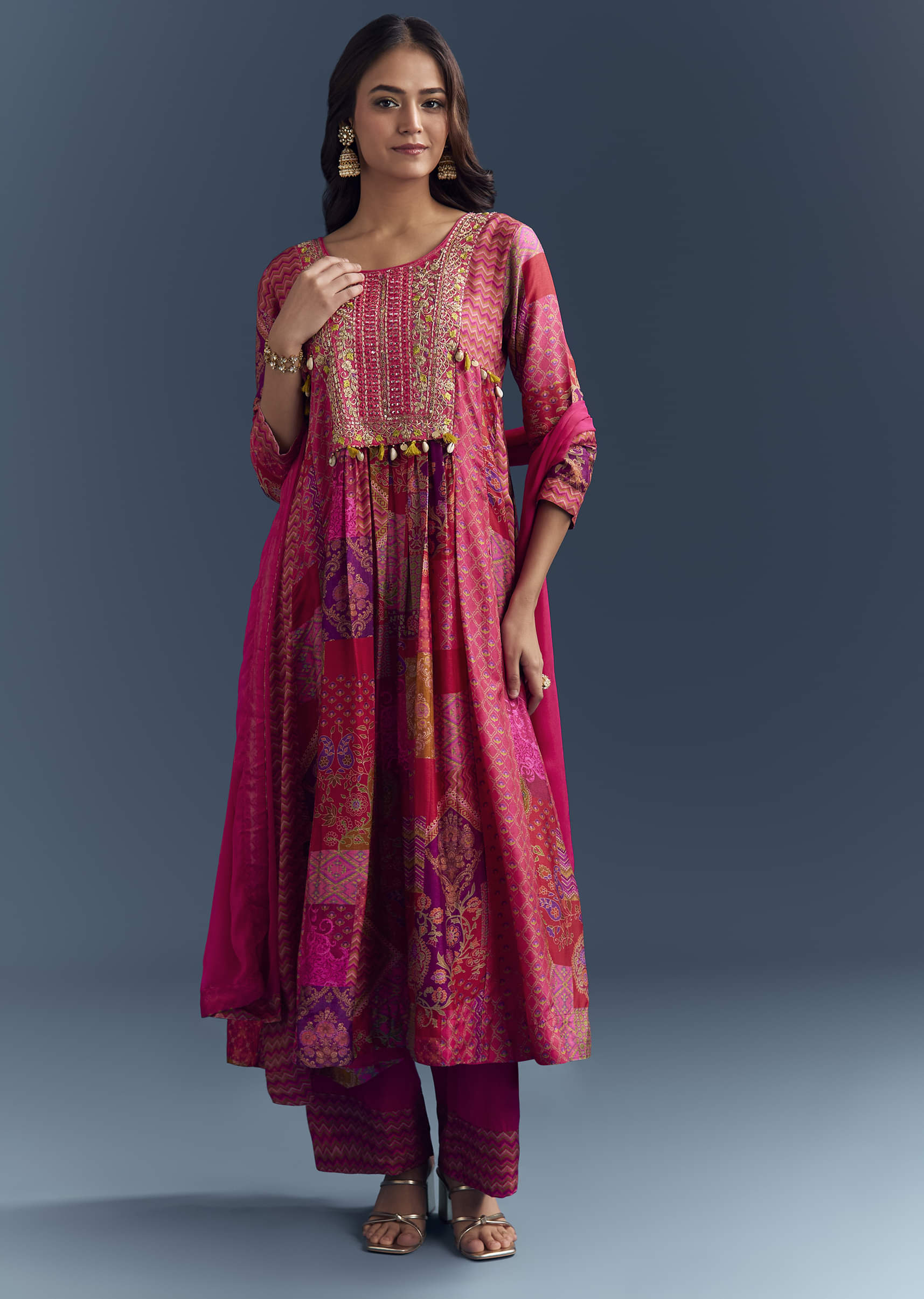 Pink Dola Silk Printed Anarkali Suit With Intricate Hand Embroidery