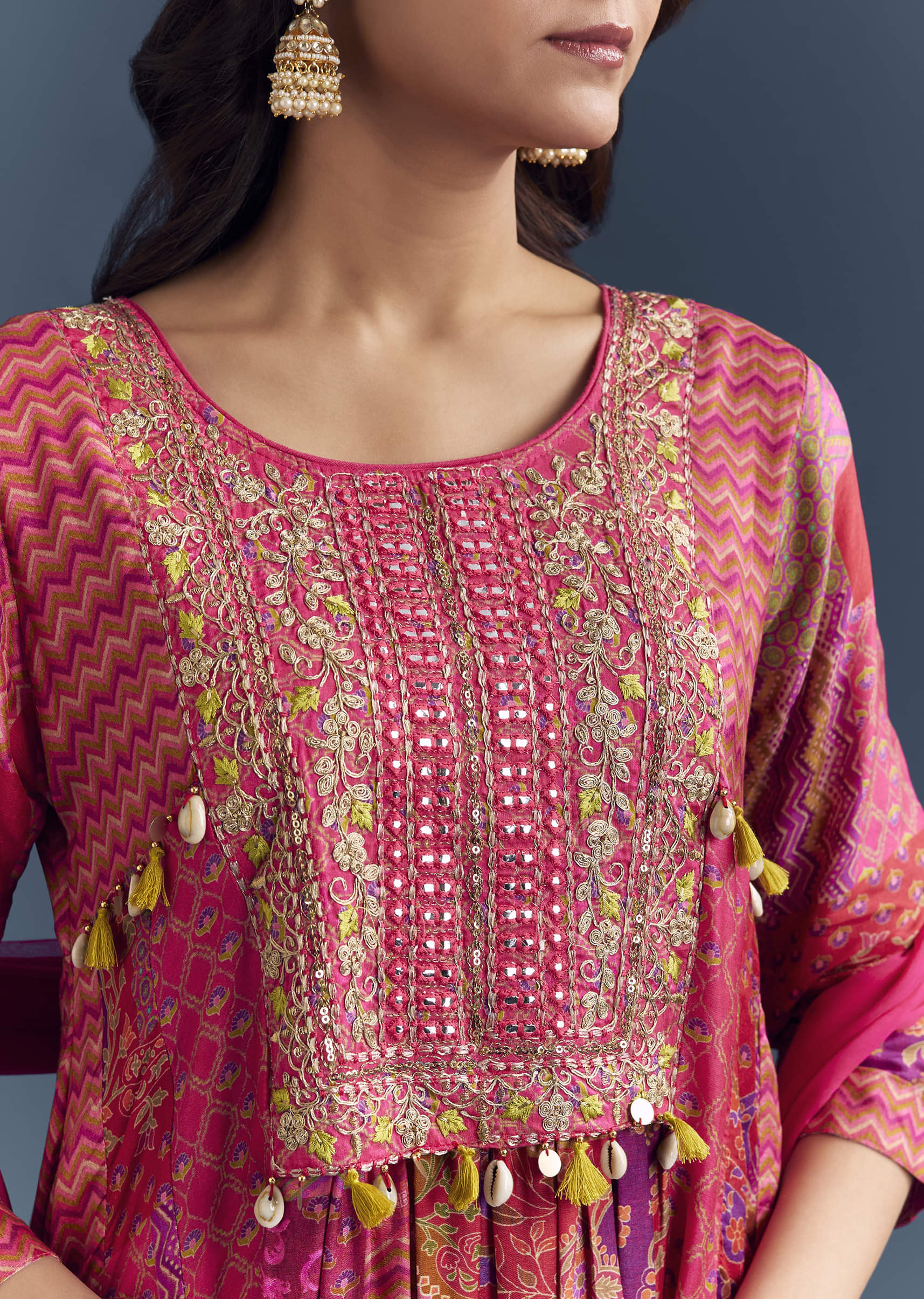 Pink Dola Silk Printed Anarkali Suit With Intricate Hand Embroidery