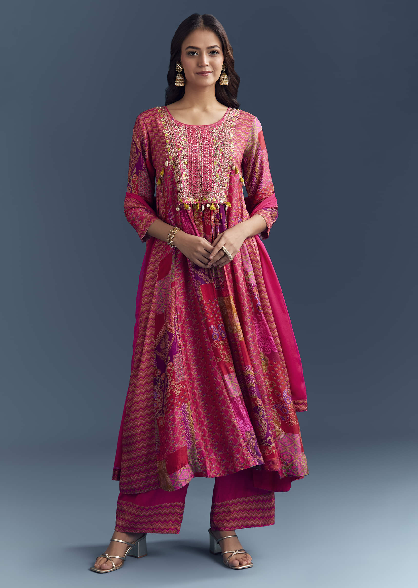 Pink Dola Silk Printed Anarkali Suit With Intricate Hand Embroidery