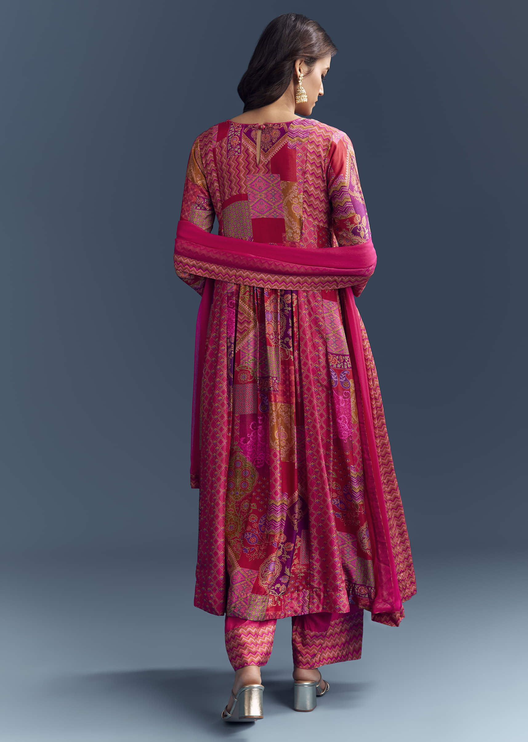 Pink Dola Silk Printed Anarkali Suit With Intricate Hand Embroidery