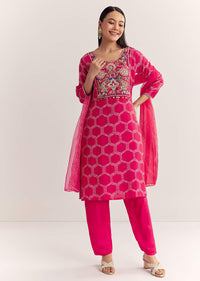Pink Dola Silk Printed Kurta Dupatta Set With Embroidered Neckline