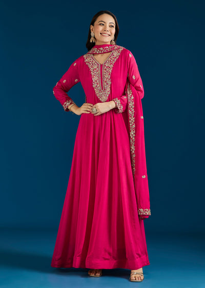 Pink Embroidered Chinon Anarkali Suit With Dupatta