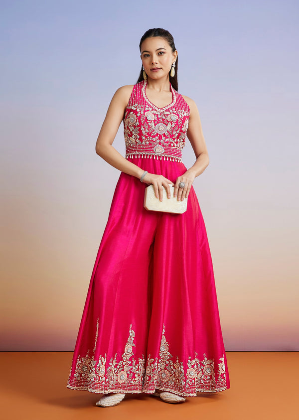 Pink Embroidered Silk Blend Jumpsuit With Belt