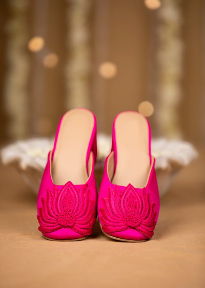 Pink Fuschia Satin Lotus Motif Heel Mules