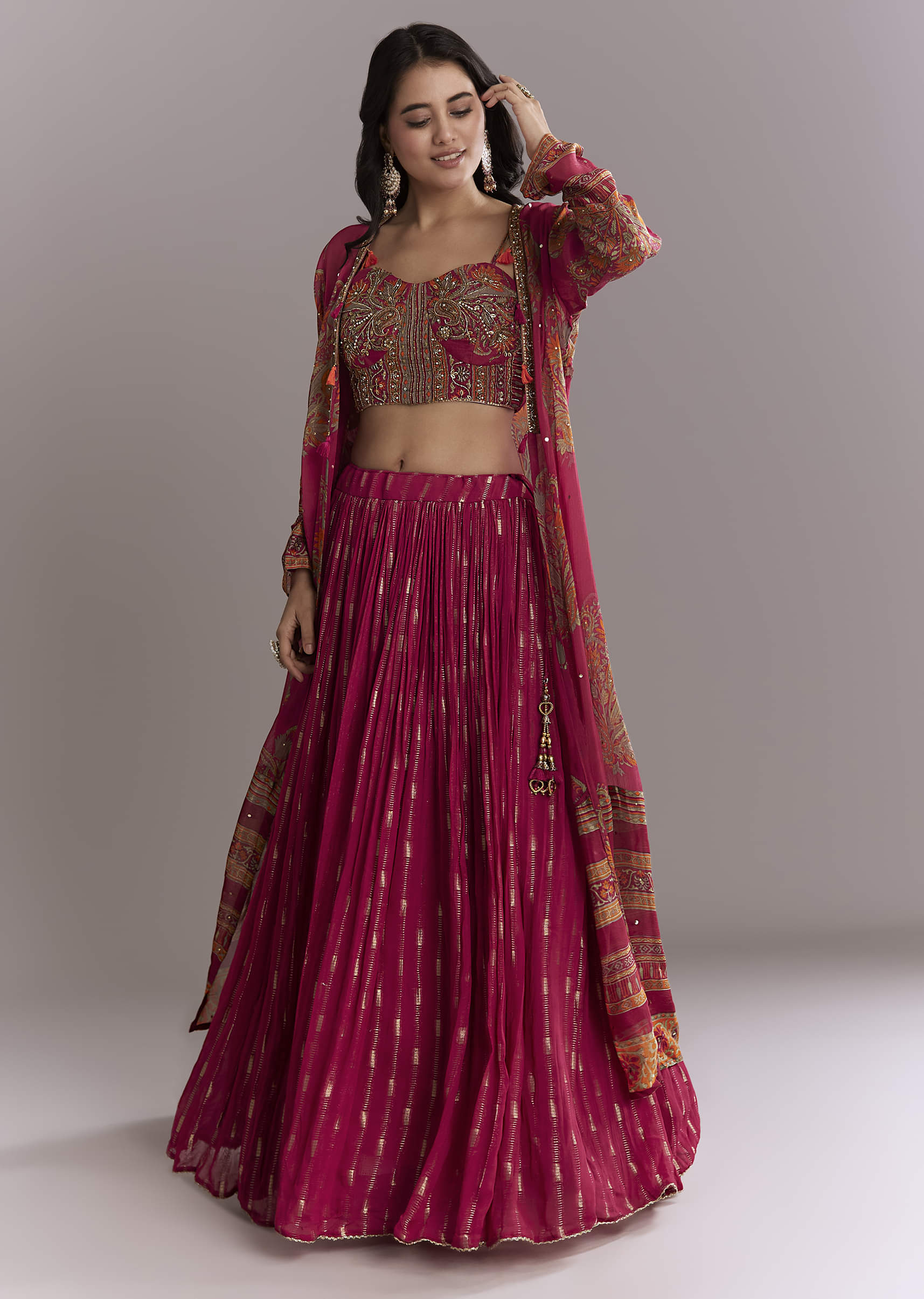 Pink Georgette Crop Top And Printed Skirt Set With Intricate Embroidery