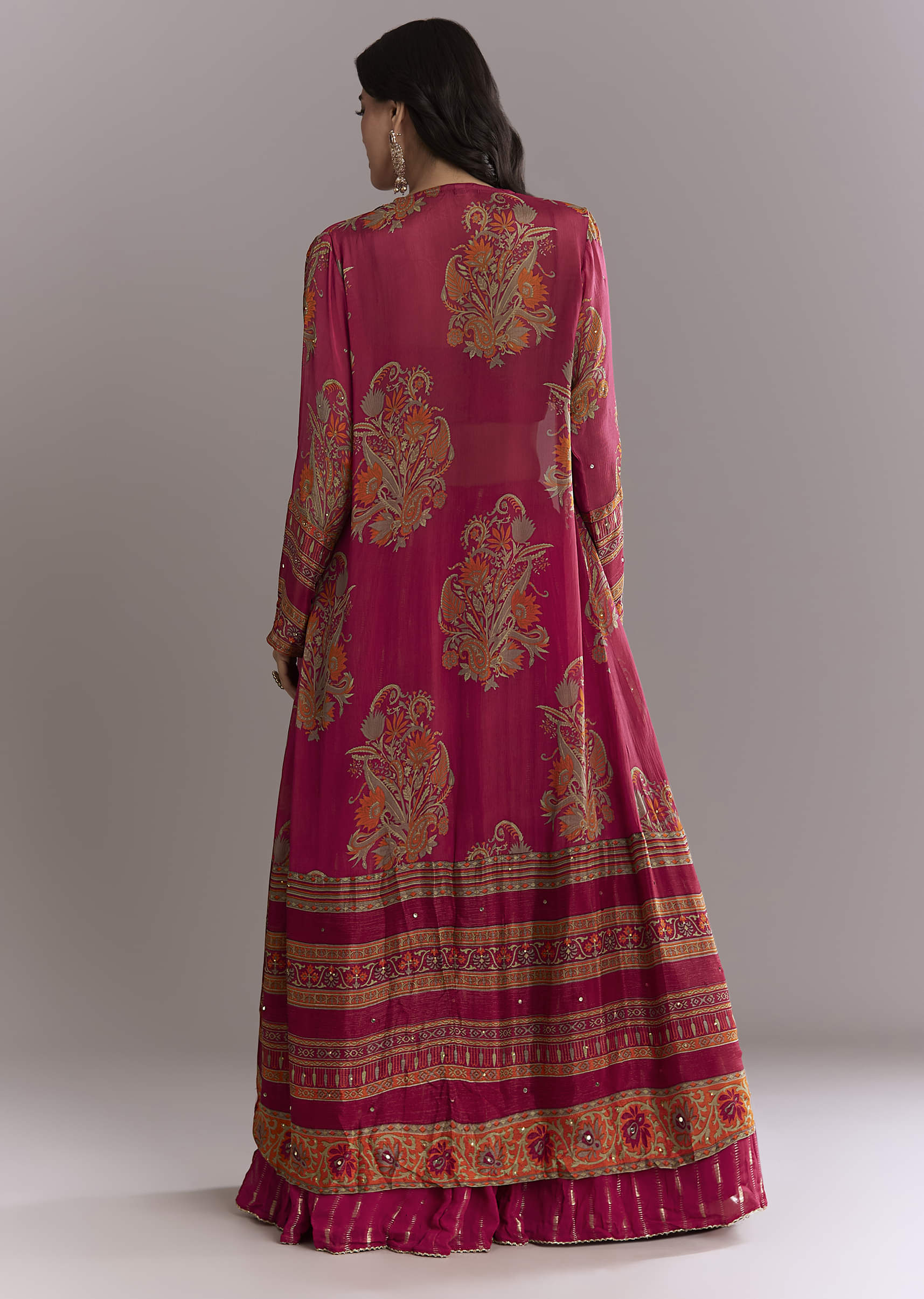 Pink Georgette Crop Top And Printed Skirt Set With Intricate Embroidery