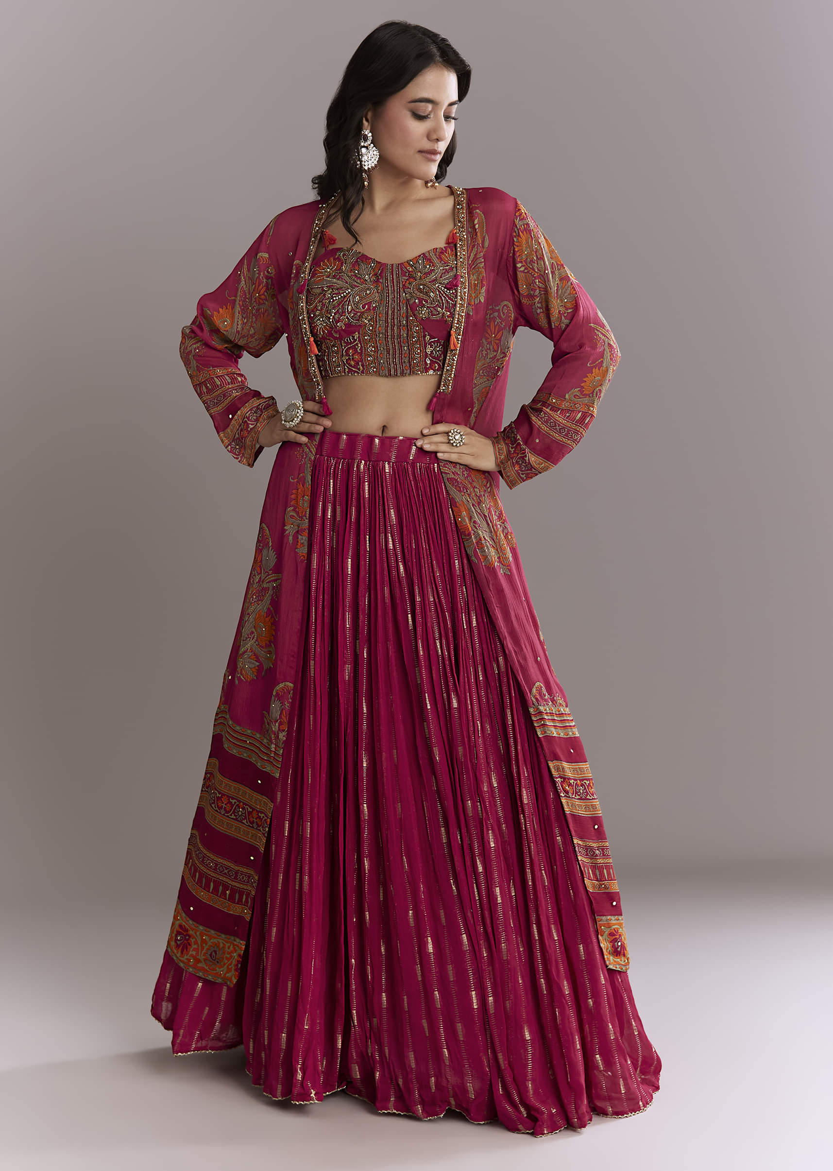 Pink Georgette Crop Top And Printed Skirt Set With Intricate Embroidery