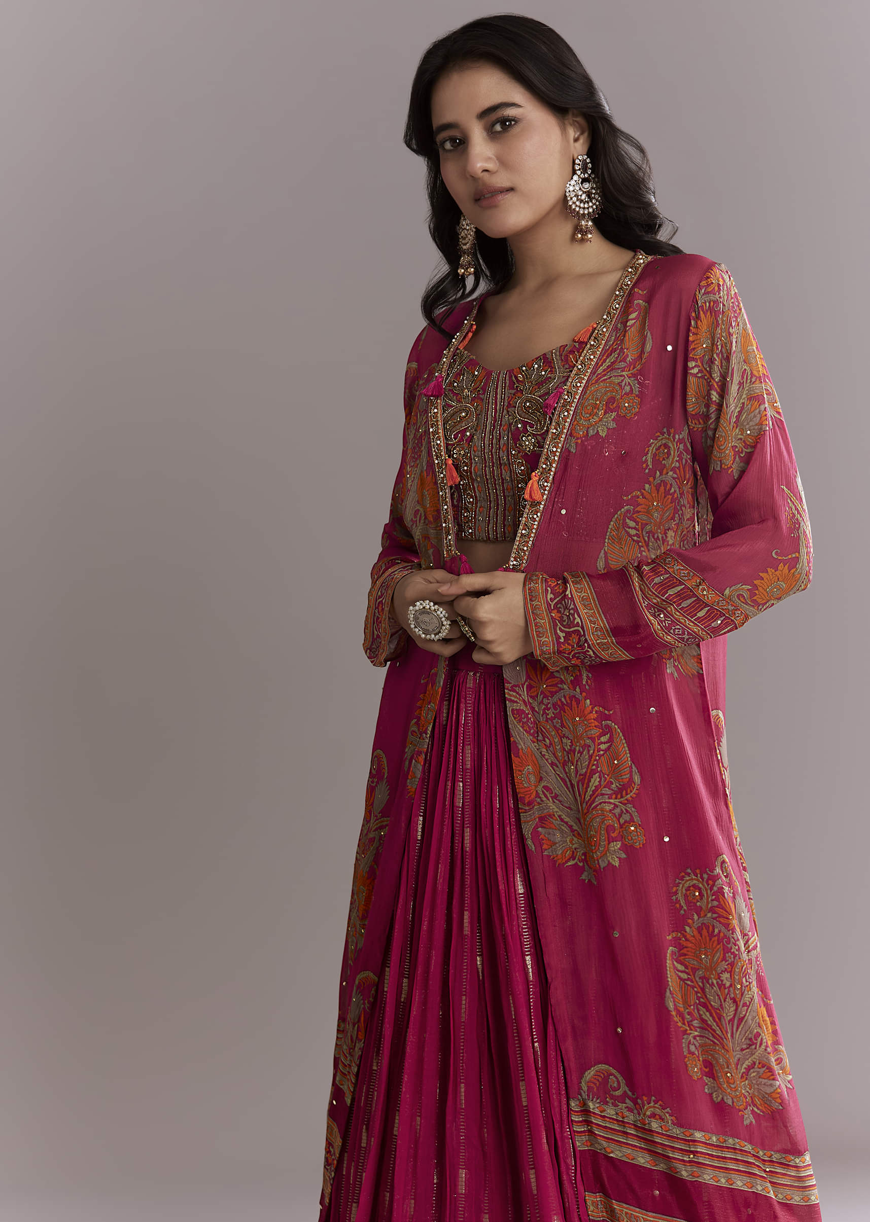 Pink Georgette Crop Top And Printed Skirt Set With Intricate Embroidery