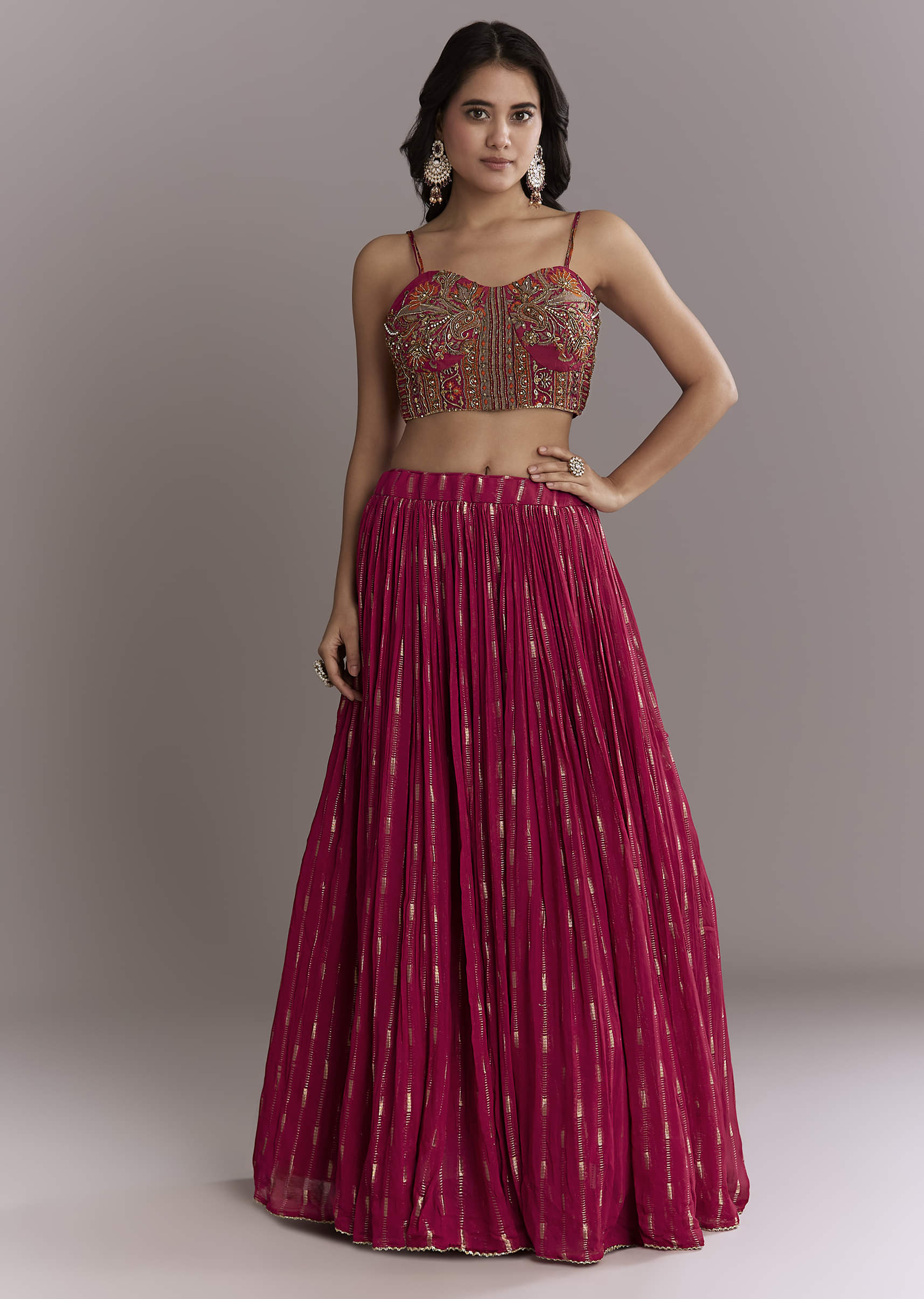Pink Georgette Crop Top And Printed Skirt Set With Intricate Embroidery