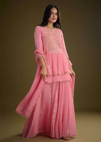 Pink Georgette Gotta Lace Kurta Set With Cut Dana and Sequins Detailing