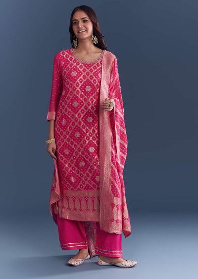 Pink Georgette Kurta Set With Bandhani Print And Jacquard Weave