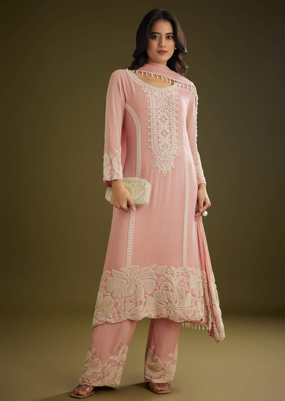 Pink Georgette Moti Work Asymmetrical Kurta Set With Tassels Bordered Dupatta