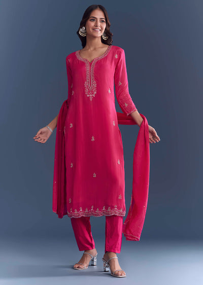 Pink Hosiery Kurta Set With Cutdana And Mirror Work