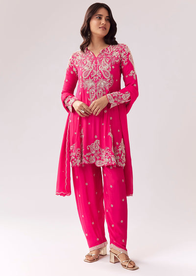 Pink Kurta Pant Set With Moti And Cutdana Work