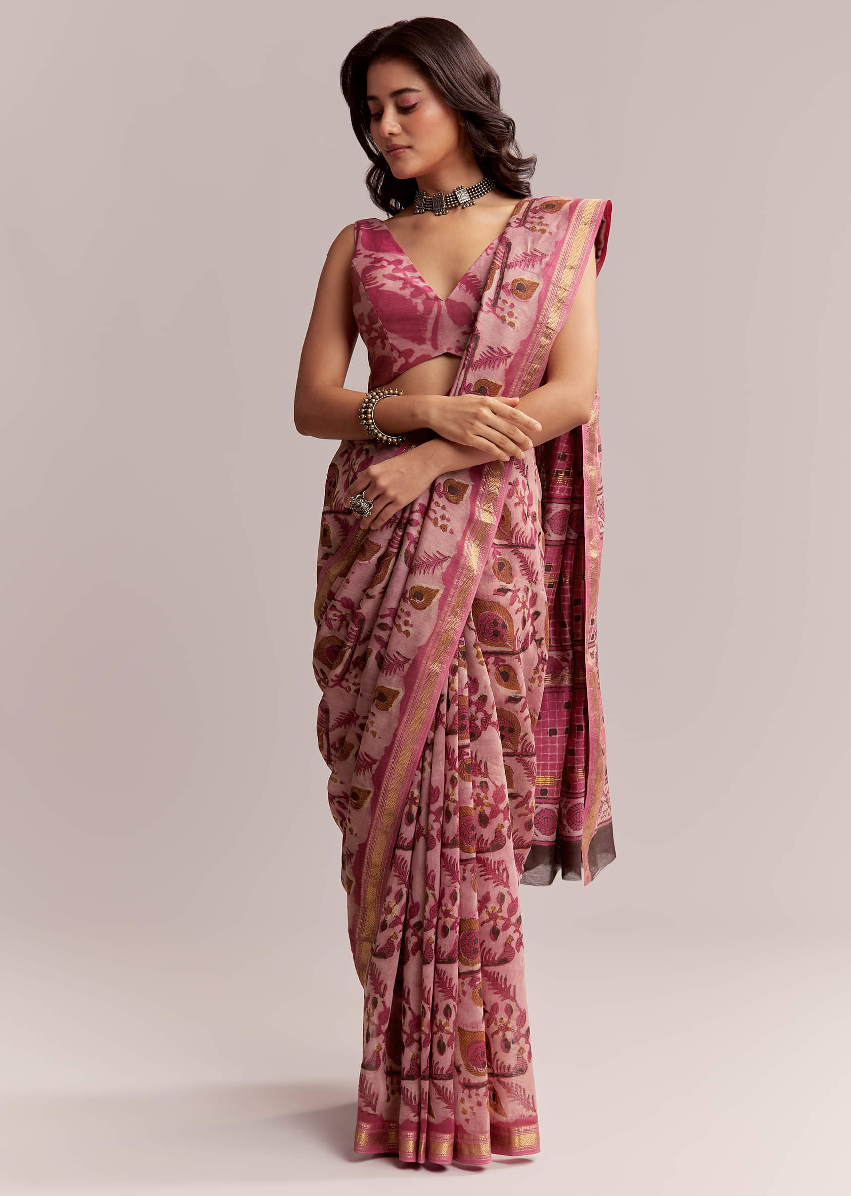 Pink Linen Printed Saree With Traditional Ajrakh Hand Block Print