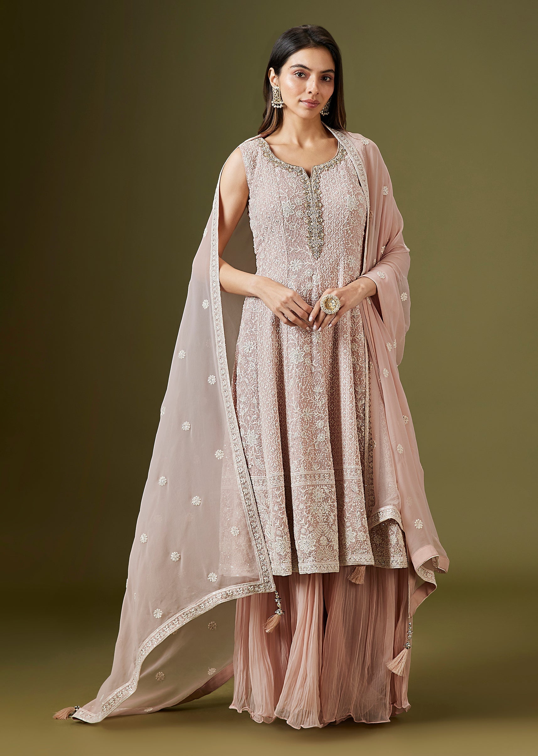Blush Pink Lucknowi Georgette Palazzo Set With Tassled Dupatta