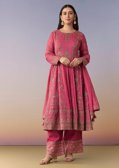 Pink Metallic Embroidered Anarkali Suit Set With Pant And Dupatta