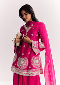 Pink Moti Work Short Kurta Palazzo Suit With Organza Dupatta