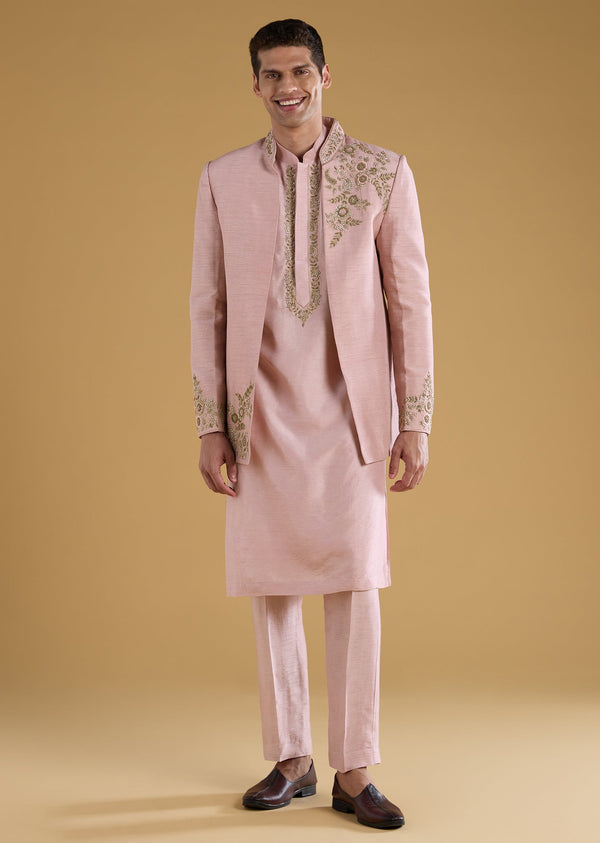 Pink Mysore Silk Mens Jodhpuri Kurta Set