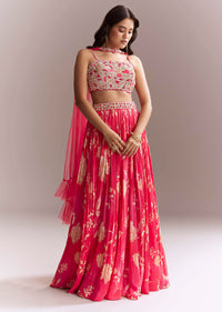 Pink Net Bridesmaid Lehenga With Floral Print And Heavy Embroidery