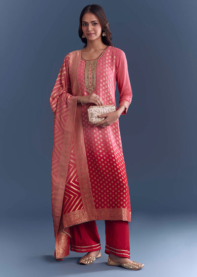 Pink Ombre Georgette Kurta Set With Banarasi Weave