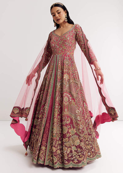Pink Ombre Printed Anarkali Suit With Gotta And Mirror Work