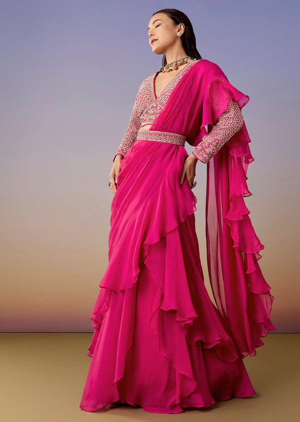 Pink Pre Draped Saree Set With Belt
