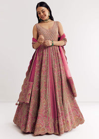 Pink Printed Embellished Anarkali Suit In Crepe