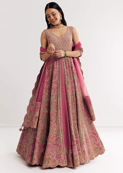 Pink Printed Embellished Anarkali Suit In Crepe