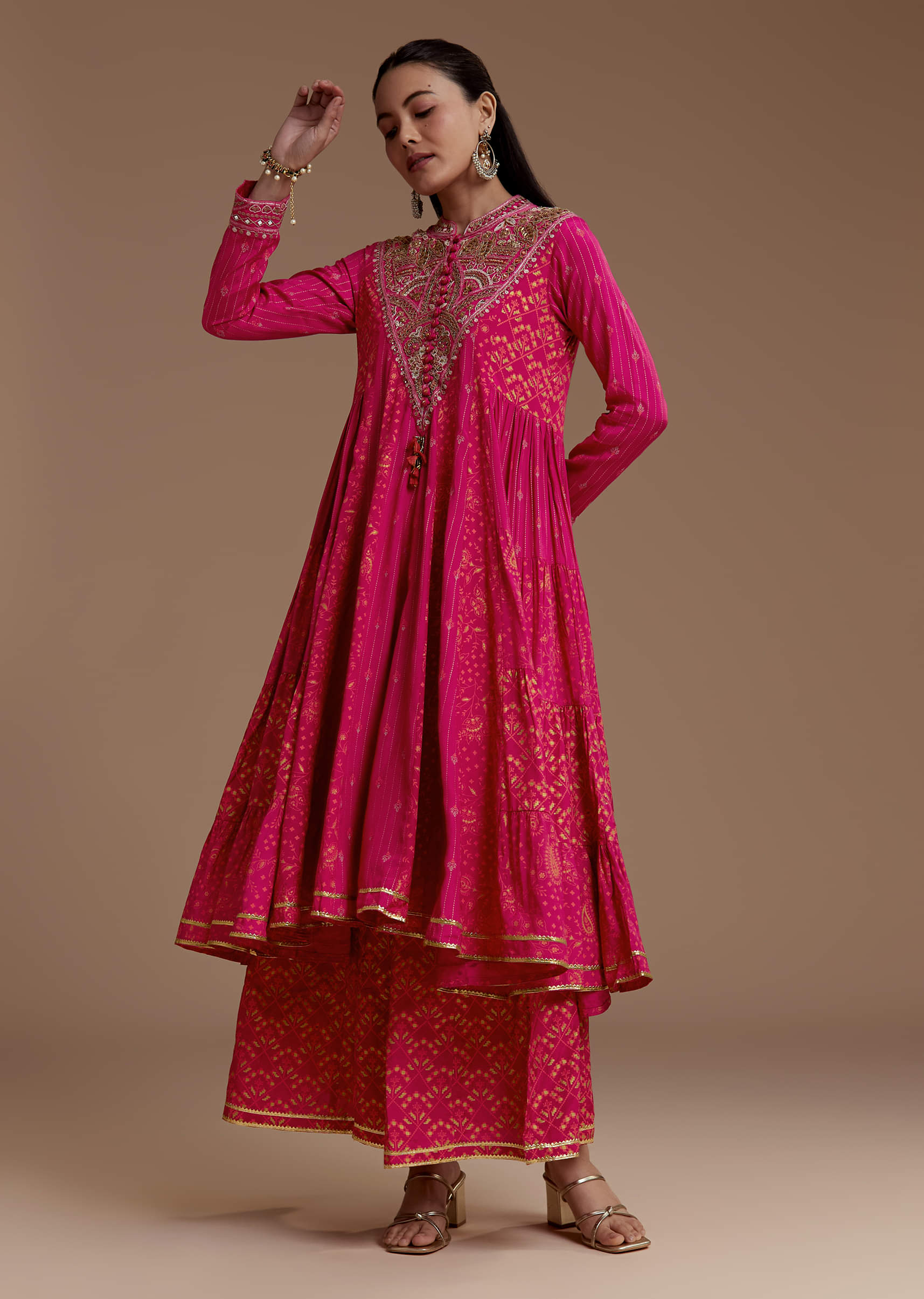 Pink Printed Flared Kurta and Palazzo Set