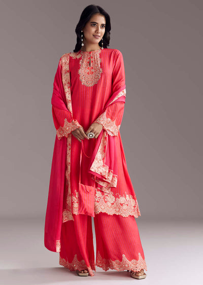 Pink Printed Palazzo Set With Mirror Work