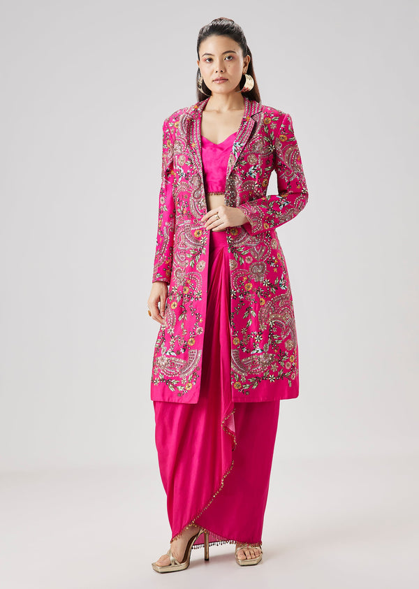 Pink Silk Crop Top Skirt Set With Printed Embellished Jacket