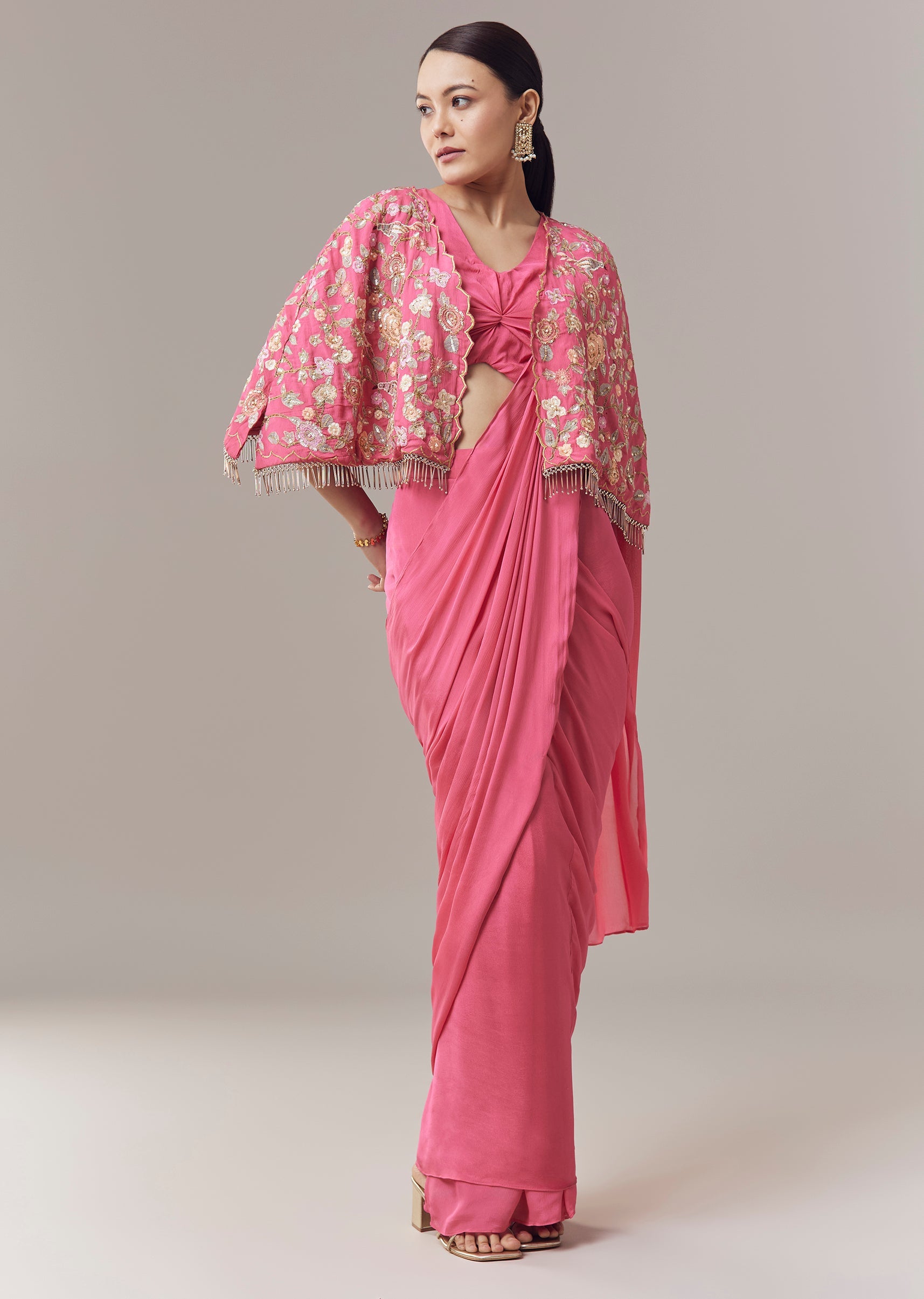 Pink Ready Pleated Saree With Cape Blouse And Resham And Sequins Work