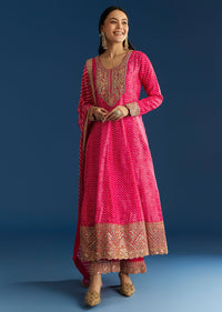 Pink Russian Silk Bandhani Anarkali With Leheriya Dupatta