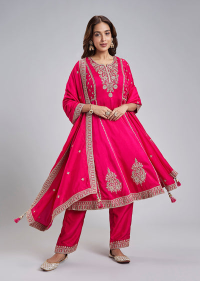 Pink Russian Silk Short Anarkali Set With Zari Bead Embroidery And Dupatta