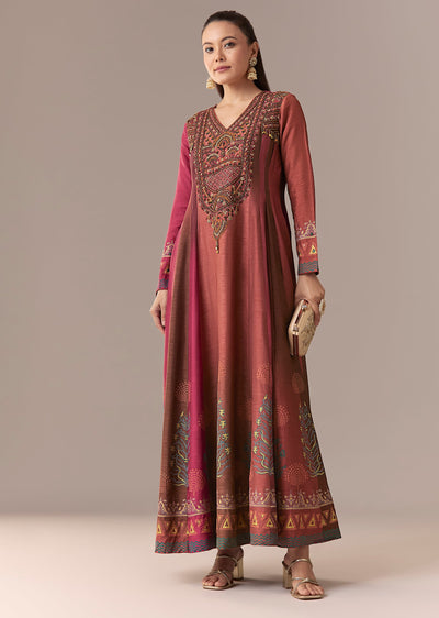Pink Rust Printed Raw Silk Anarkali