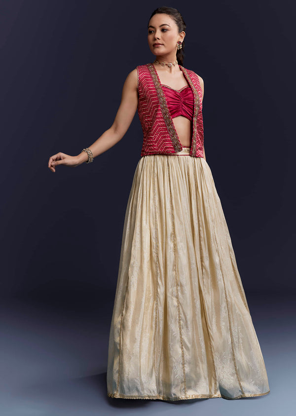 Pink Satin Festive Lehenga With Hand Dyed Chevron Print Jacket
