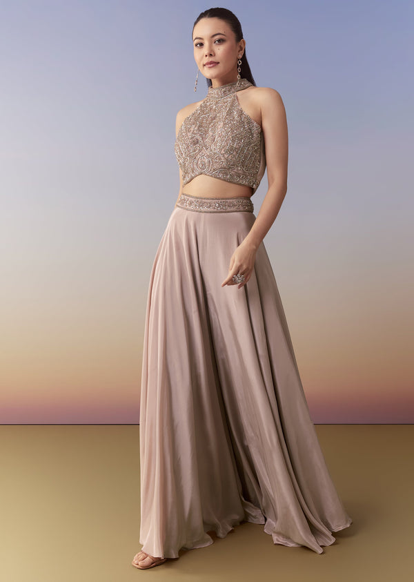Pink Sequin Embellished Crop Top Palazzo Set