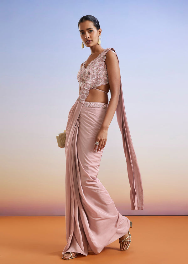 Pink Sequins Embroidered Ready Pleated Saree With Blouse