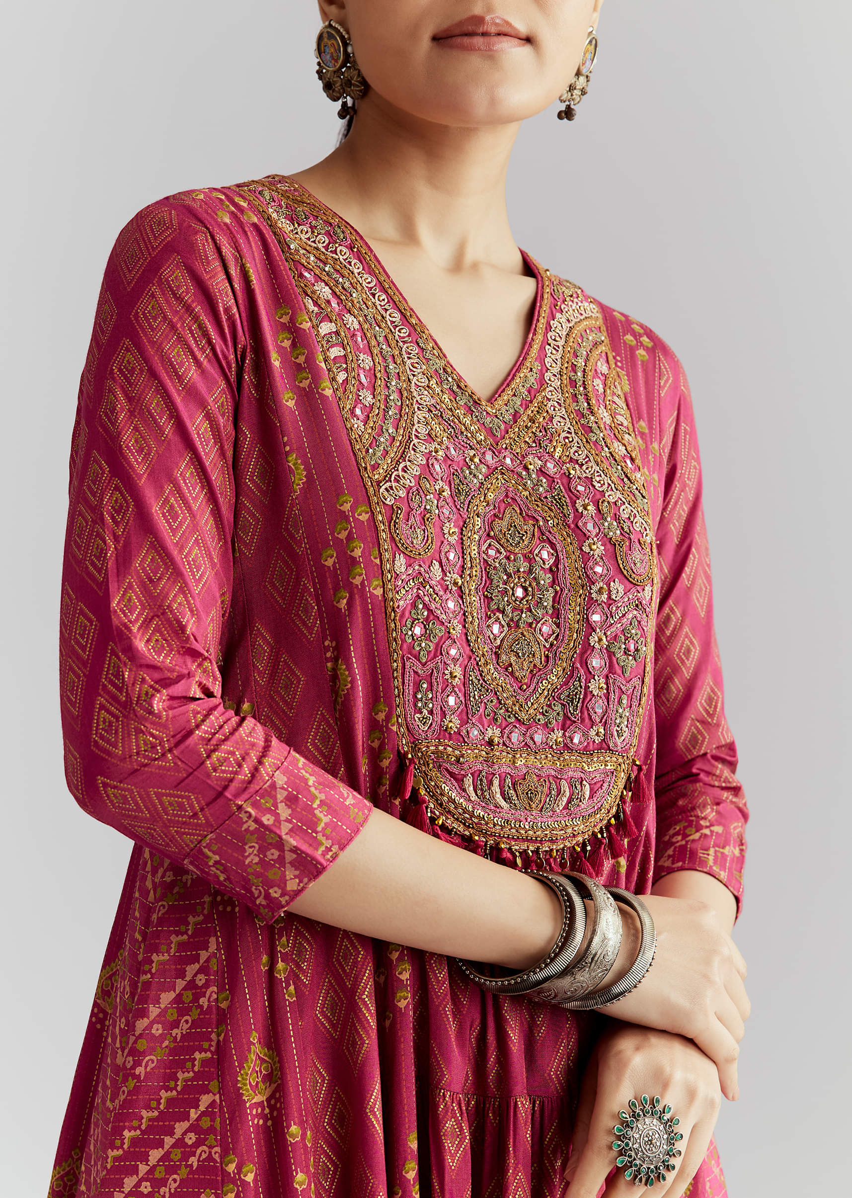 Pink Silk Anarkali Suit With Indie Print And Intricate Embroidery