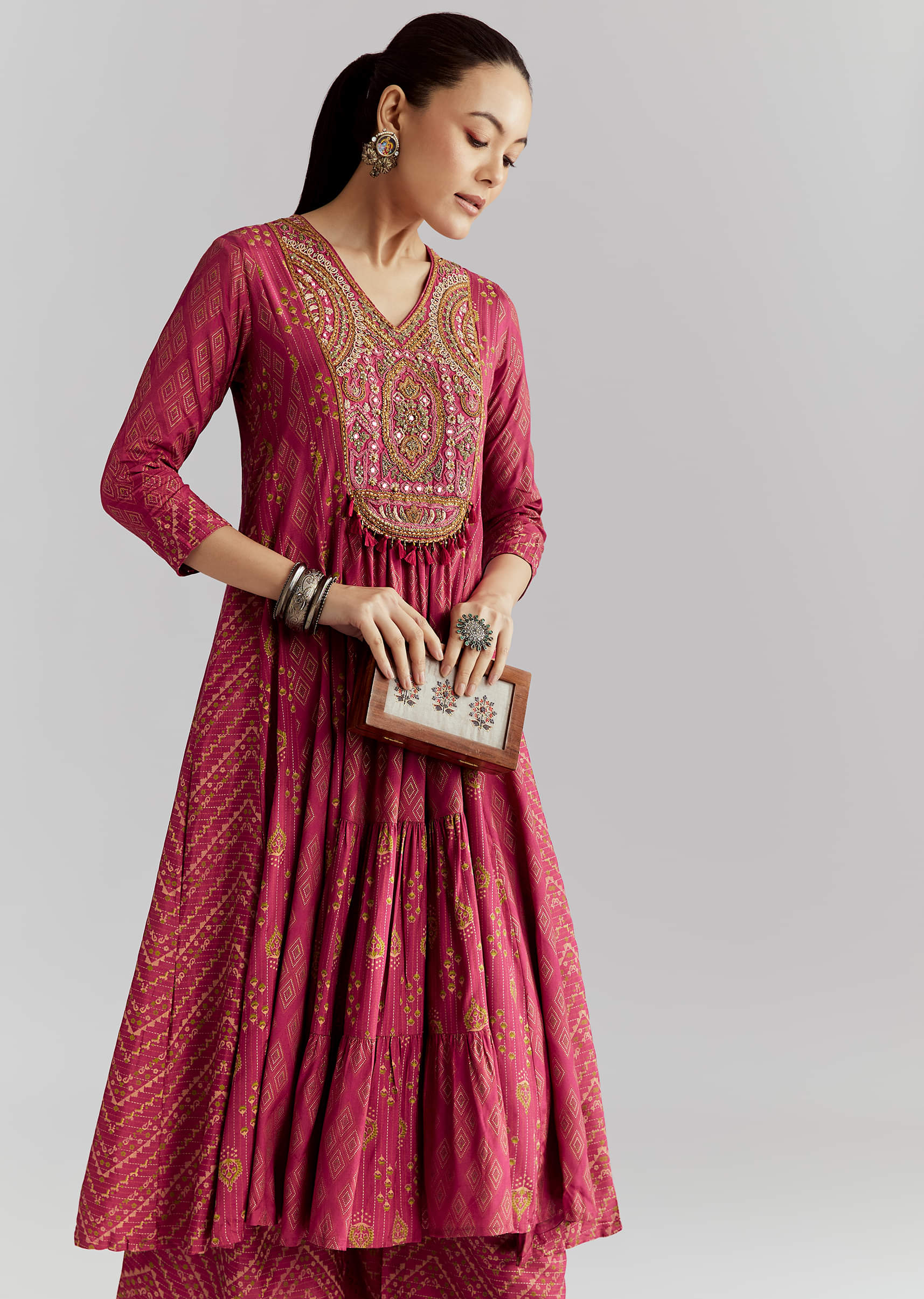 Pink Silk Anarkali Suit With Indie Print And Intricate Embroidery