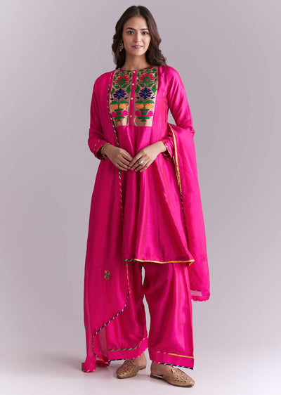 Pink Silk Anarkali Suit With Pathani Patch Work