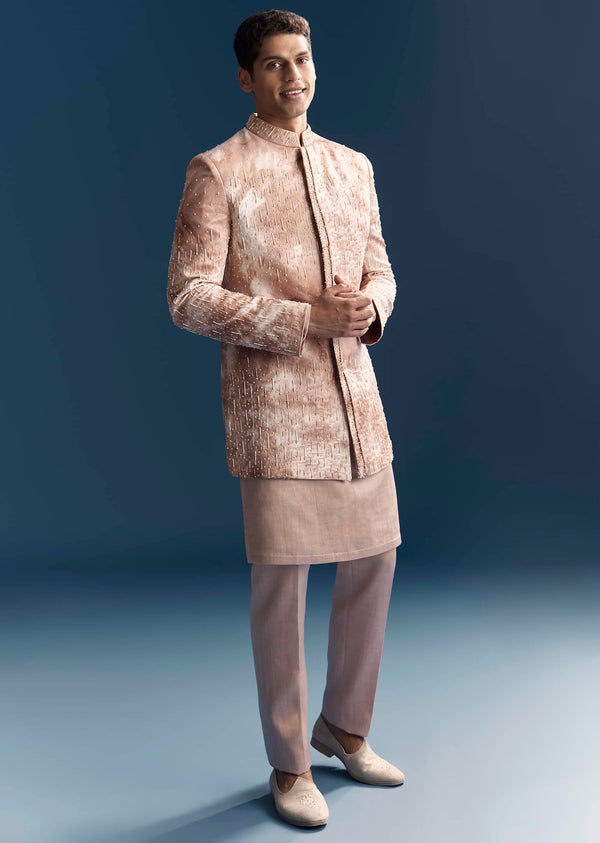 Pink Silk Indo Western Set For Men With Hand Embroidery