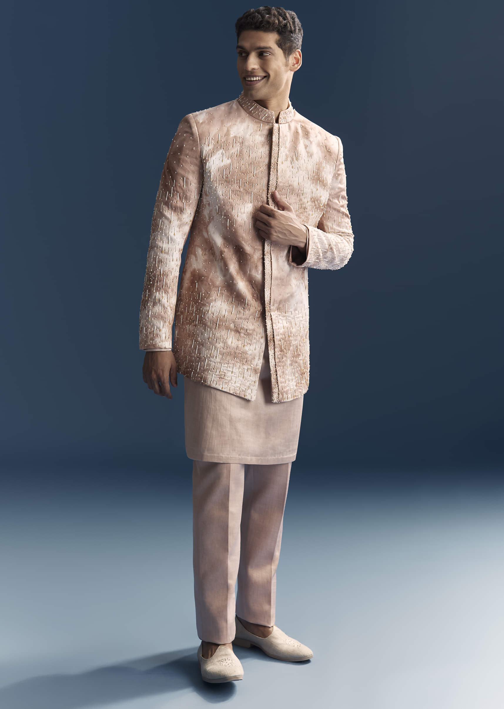 Pink Silk Indo Western Set For Men With Hand Embroidery