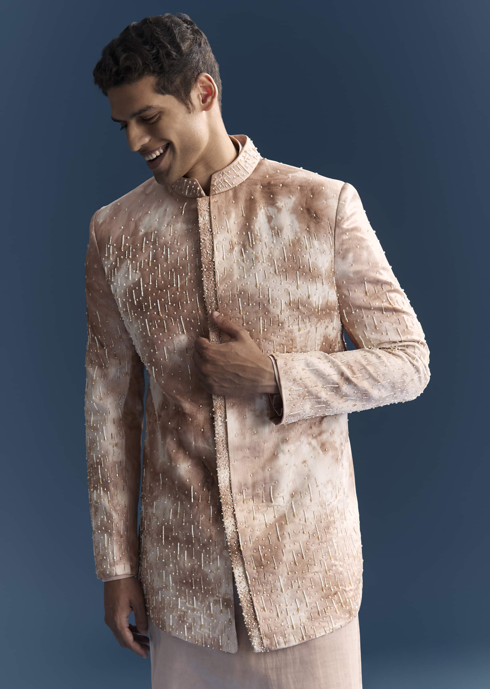 Pink Silk Indo Western Set For Men With Hand Embroidery