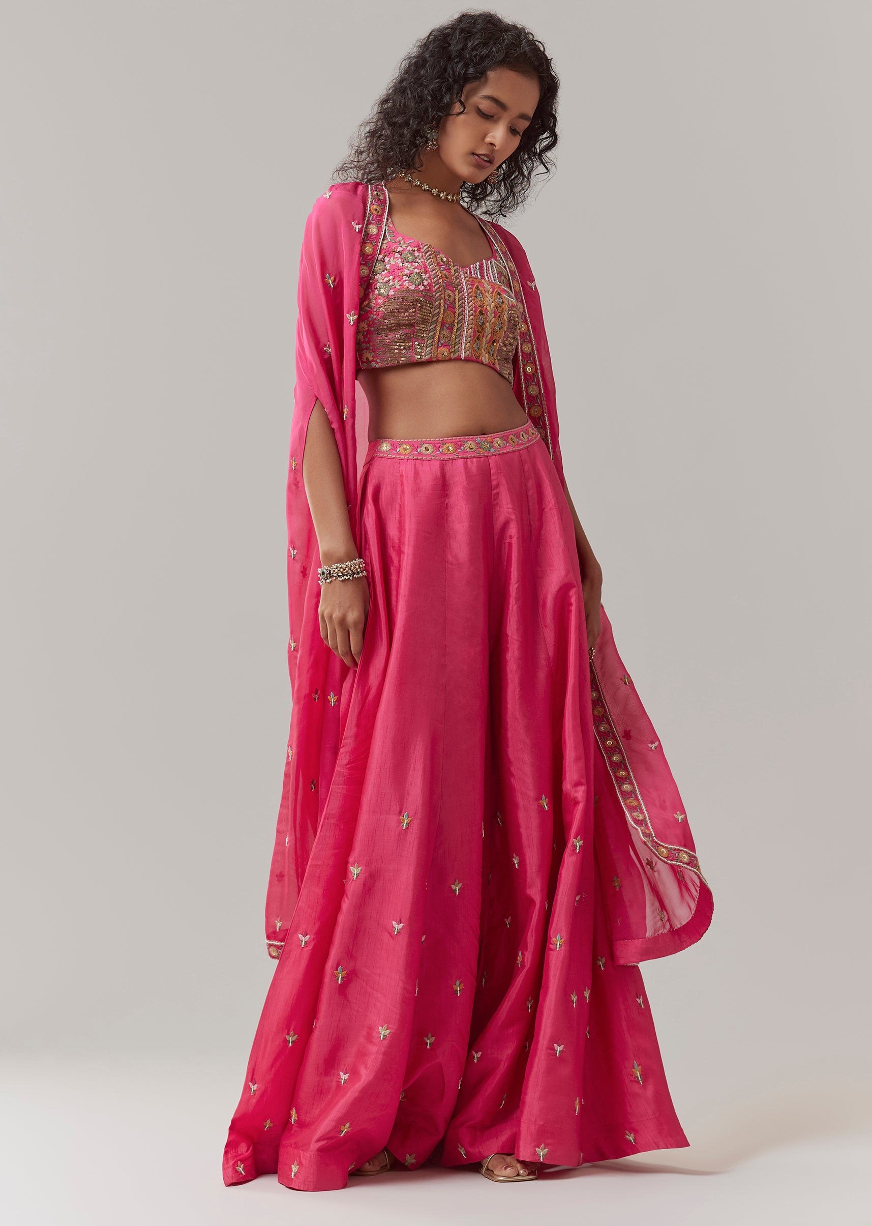 Buy Pink Silk Indowestern Crop Top and Palazzo Set | KALKI Fashion USA ...