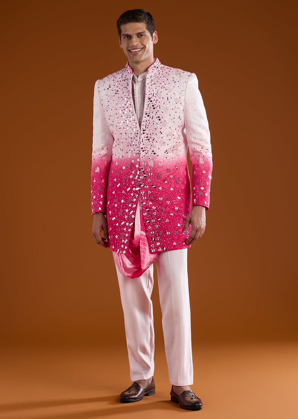 Pink Silk Indowestern Jacket Set with Mirror Work